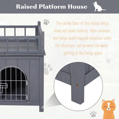Show full view: PawHut 2-Level Outdoor Wooden Cat House with Lockable Wire Door & Balcony, Grey, 28.75 x 20.5 x 25.75-in slide 6 of 9