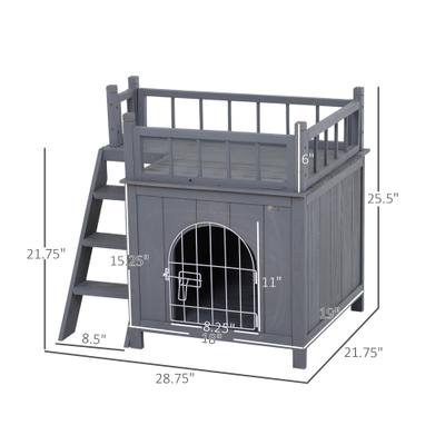 Show full view: PawHut 2-Level Outdoor Wooden Cat House with Lockable Wire Door & Balcony, Grey, 28.75 x 20.5 x 25.75-in slide 3 of 9
