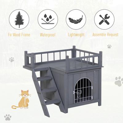 Show full view: PawHut 2-Level Outdoor Wooden Cat House with Lockable Wire Door & Balcony, Grey, 28.75 x 20.5 x 25.75-in slide 5 of 9