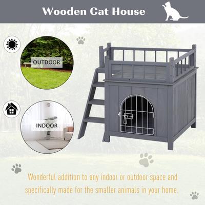 Show full view: PawHut 2-Level Outdoor Wooden Cat House with Lockable Wire Door & Balcony, Grey, 28.75 x 20.5 x 25.75-in slide 4 of 9