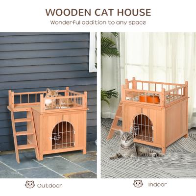 Show full view: PawHut 2-Level Wooden Cat House, Natural slide 5 of 9