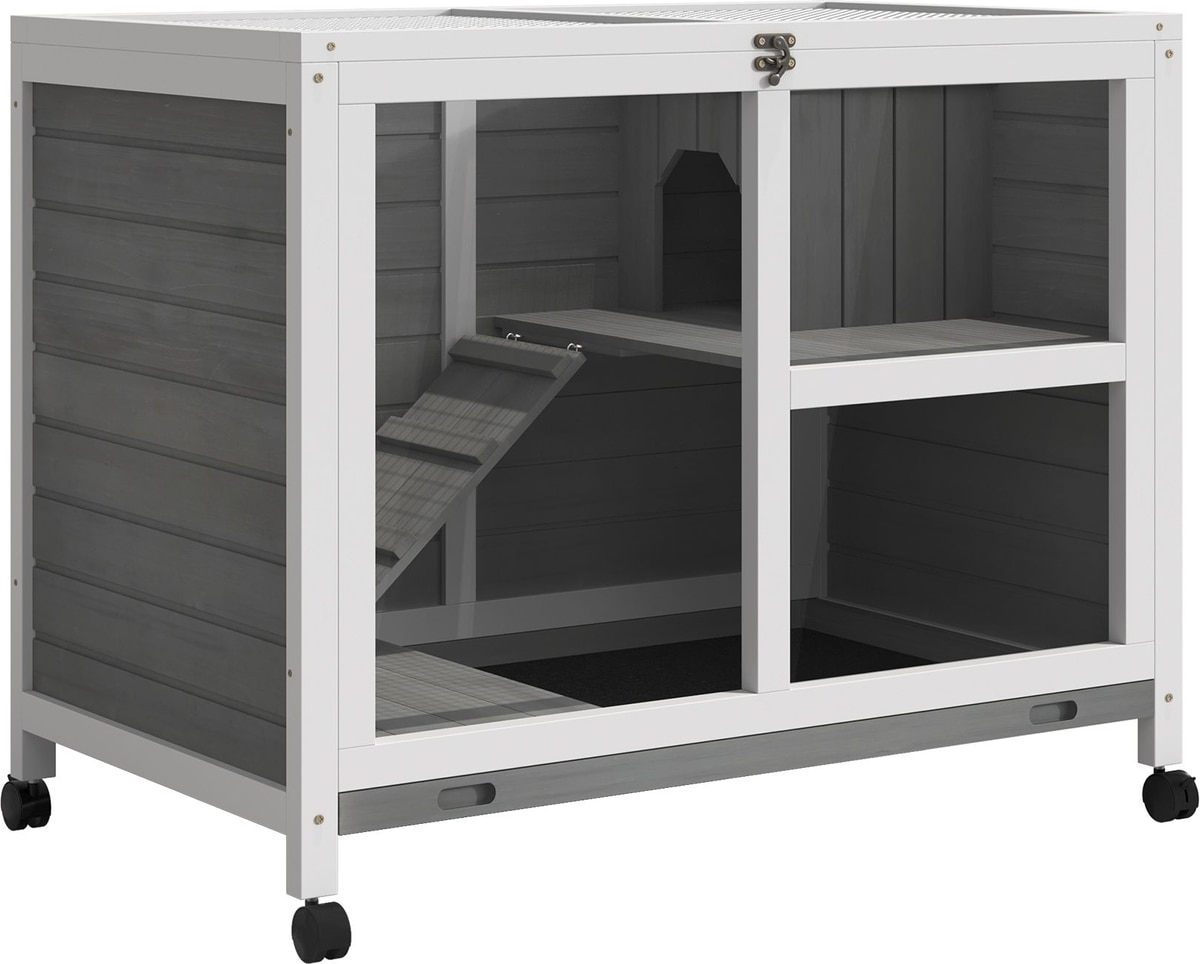 PAWHUT 2-Story Wooden Rabbit Hutch, Grey - Chewy.com