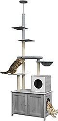 PawHut 2 in 1 Litter Box Enclosure with 102-in Floor-to-Ceiling Cat Tree, Gray