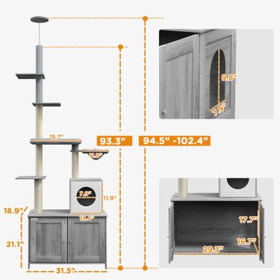 Show full view: PawHut 2 in 1 Litter Box Enclosure with 102-in Floor-to-Ceiling Cat Tree, Gray slide 4 of 11