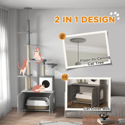 Show full view: PawHut 2 in 1 Litter Box Enclosure with 102-in Floor-to-Ceiling Cat Tree, Gray slide 5 of 11