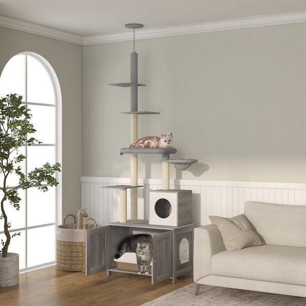 PawHut 2 in 1 Litter Box Enclosure with 102-in Floor-to-Ceiling Cat Tree, Gray