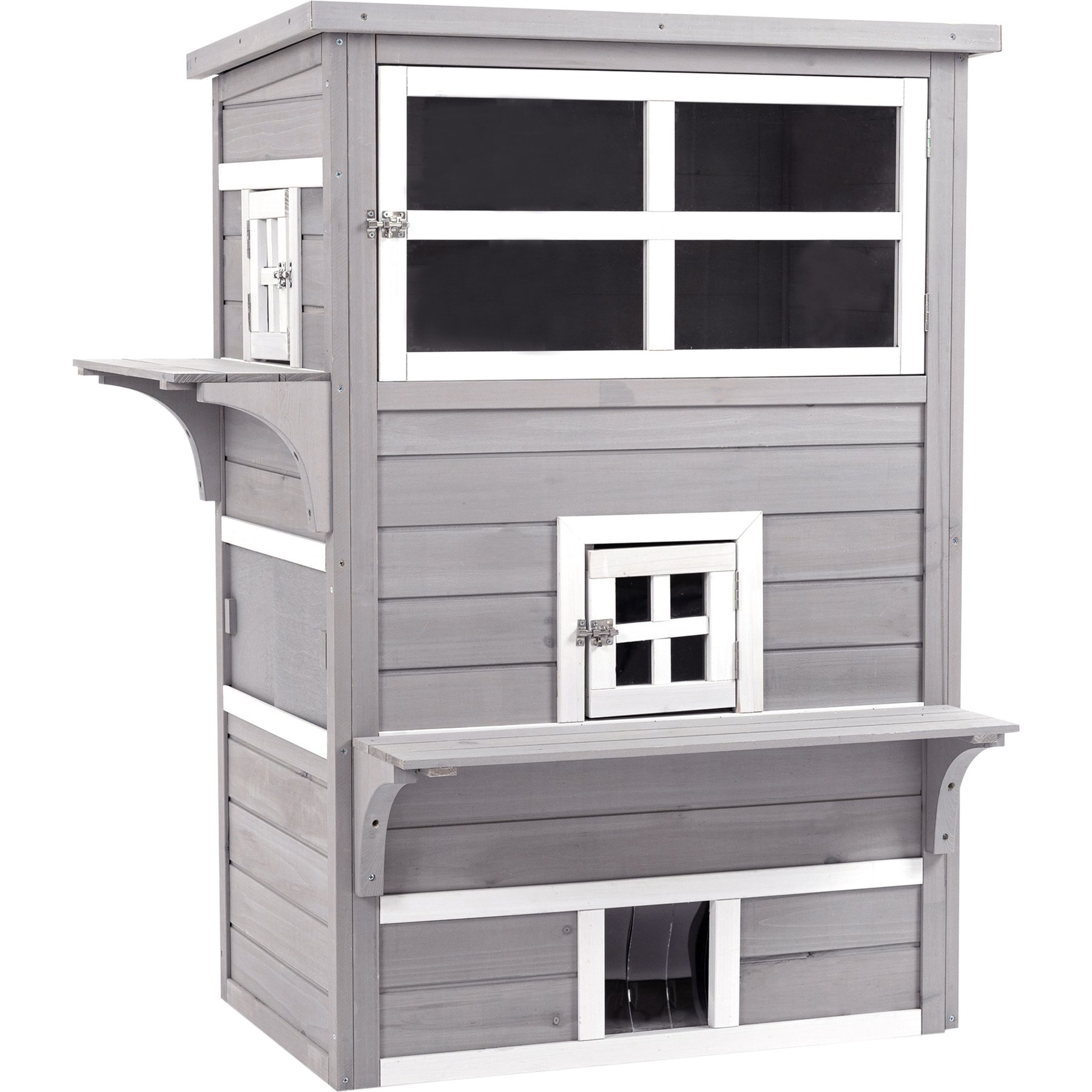 PawHut 3-Story Outdoor Feral Cat House with Raised Floor, Gray