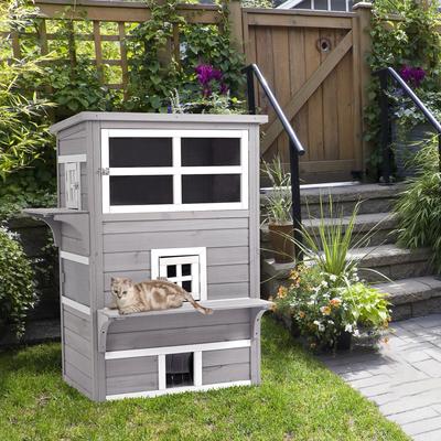 Show full view: PawHut 3-Story Outdoor Feral Cat House with Raised Floor, Gray slide 2 of 10