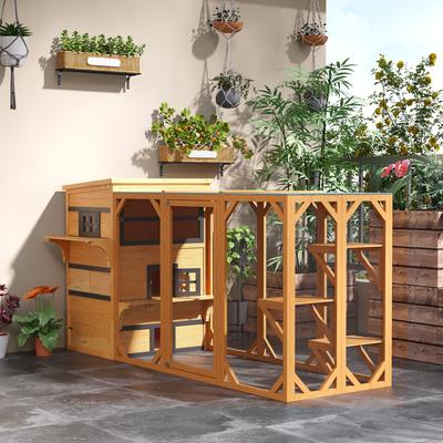 Show full view: PawHut 3-Story Outdoor Feral Cat House with Raised Floor, Yellow slide 8 of 10