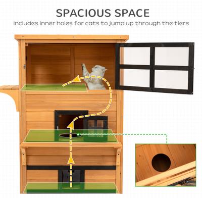 Show full view: PawHut 3-Story Outdoor Feral Cat House with Raised Floor, Yellow slide 7 of 10