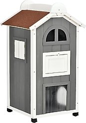 PawHut 3-Story Wooden Feral Cat House, Grey & White