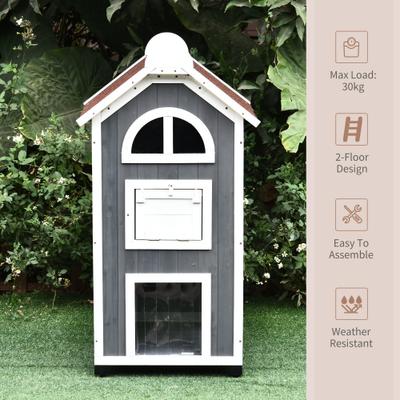 Show full view: PawHut 3-Story Wooden Feral Cat House, Grey & White slide 6 of 9
