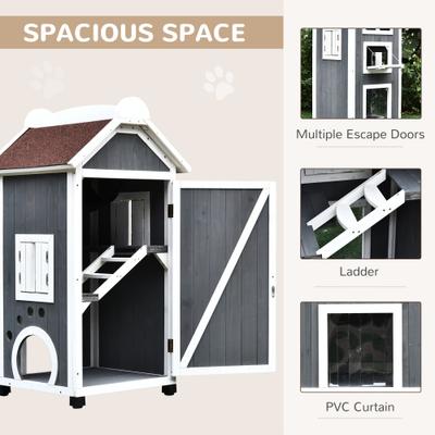 Show full view: PawHut 3-Story Wooden Feral Cat House, Grey & White slide 7 of 9