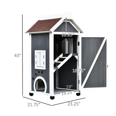 Show full view: PawHut 3-Story Wooden Feral Cat House, Grey & White slide 3 of 9