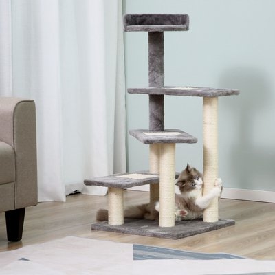PawHut PawHut 40-in 5-Level Revolving Stair Scratcher Climbing Activity Tower with Play Center & Resting Perch Cat Tree, Beige/Grey