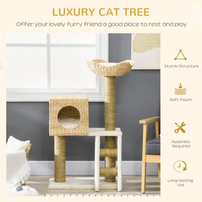 Show full view: PawHut 40-in Cattail Weave Rattan Cat Tree, Natural Wood slide 4 of 10