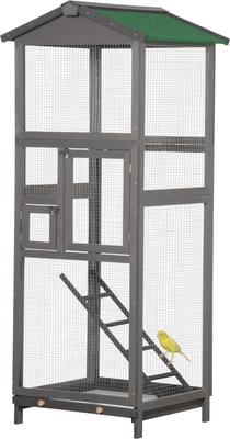 Show full view: PawHut 65-in Wooden Outdoor Finches Aviary with Pull Out Tray Bird Cage, Grey slide 2 of 9