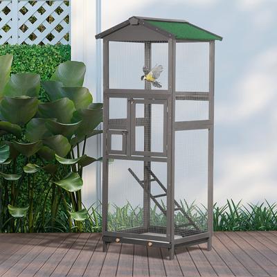 Show full view: PawHut 65-in Wooden Outdoor Finches Aviary with Pull Out Tray Bird Cage, Grey slide 3 of 9