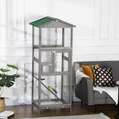 Show full view: PawHut 65-in Wooden Outdoor Finches Aviary with Pull Out Tray Bird Cage, Grey slide 4 of 9