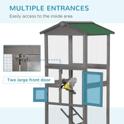 Show full view: PawHut 65-in Wooden Outdoor Finches Aviary with Pull Out Tray Bird Cage, Grey slide 7 of 9