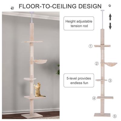 Show full view: PawHut 8.5-ft Adjustable Height Floor-To-Ceiling Cat Tree, Beige & White slide 5 of 10