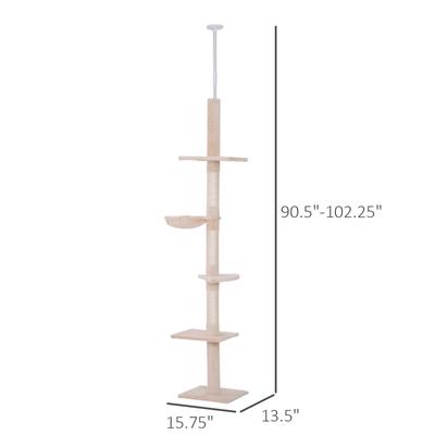 Show full view: PawHut 8.5-ft Adjustable Height Floor-To-Ceiling Cat Tree, Beige & White slide 3 of 10