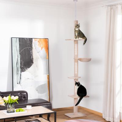 Show full view: PawHut 8.5-ft Adjustable Height Floor-To-Ceiling Cat Tree, Beige & White slide 2 of 10