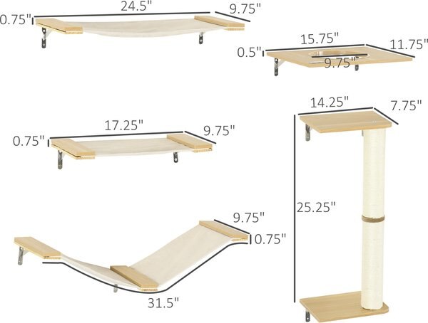 PawHut Wall Mounted Cat Shelves, 8 count, Brown