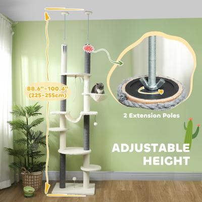 Show full view: PawHut 89 to 108-in Adjustable Height Floor-to-Ceiling Cat Tree, White slide 5 of 10