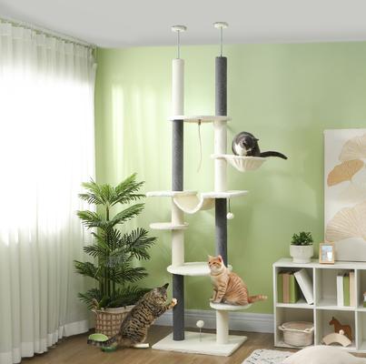 Show full view: PawHut 89 to 108-in Adjustable Height Floor-to-Ceiling Cat Tree, White slide 3 of 10