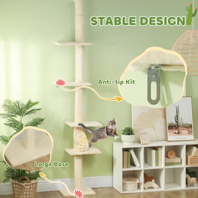 Show full view: PawHut 89 to 108-in Floor-to-Ceiling Cat Tree, Cream White slide 5 of 10