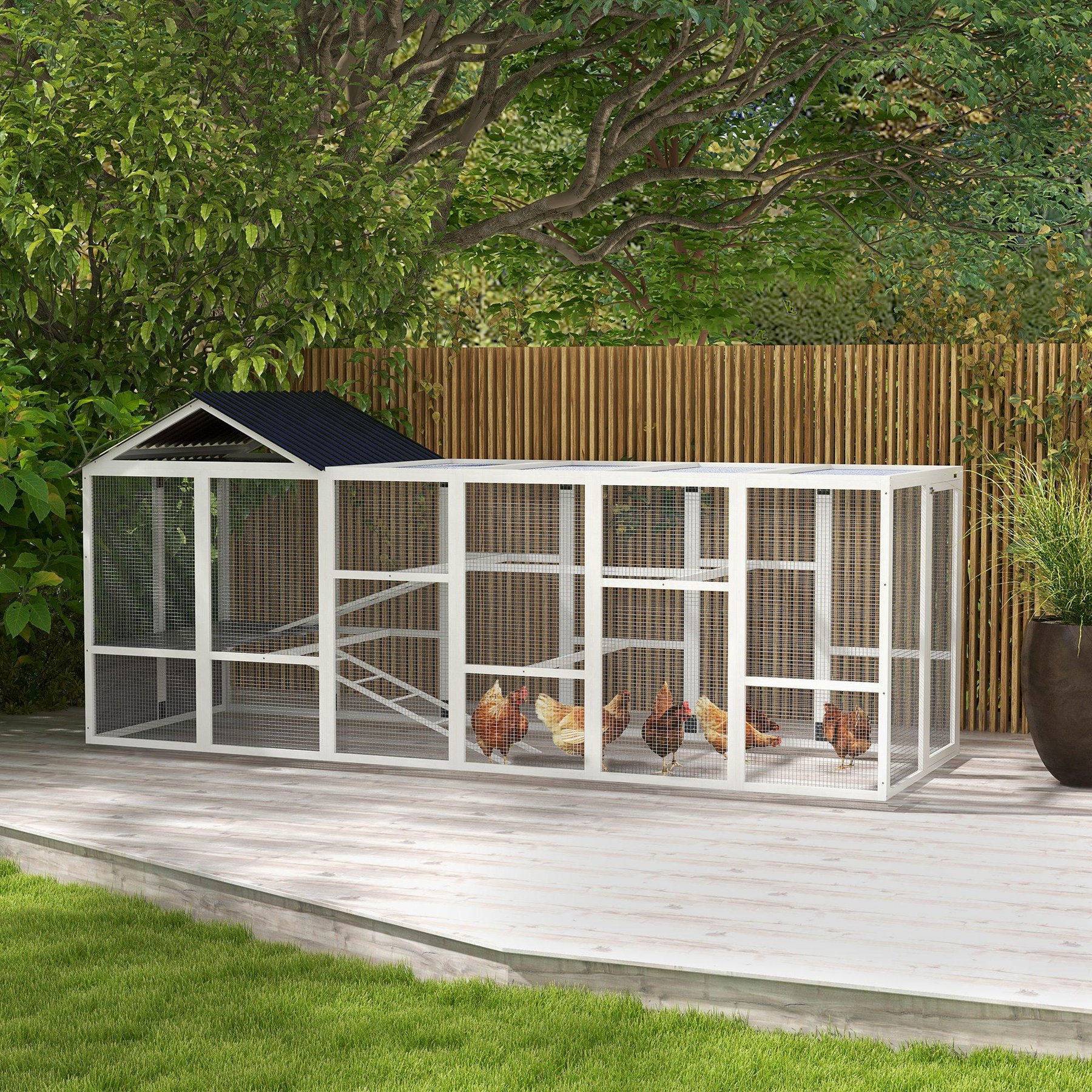 PawHut Add-On Run House Wooden with Storage & Preches for 6-10 Chickens Chicken Coop, Gray