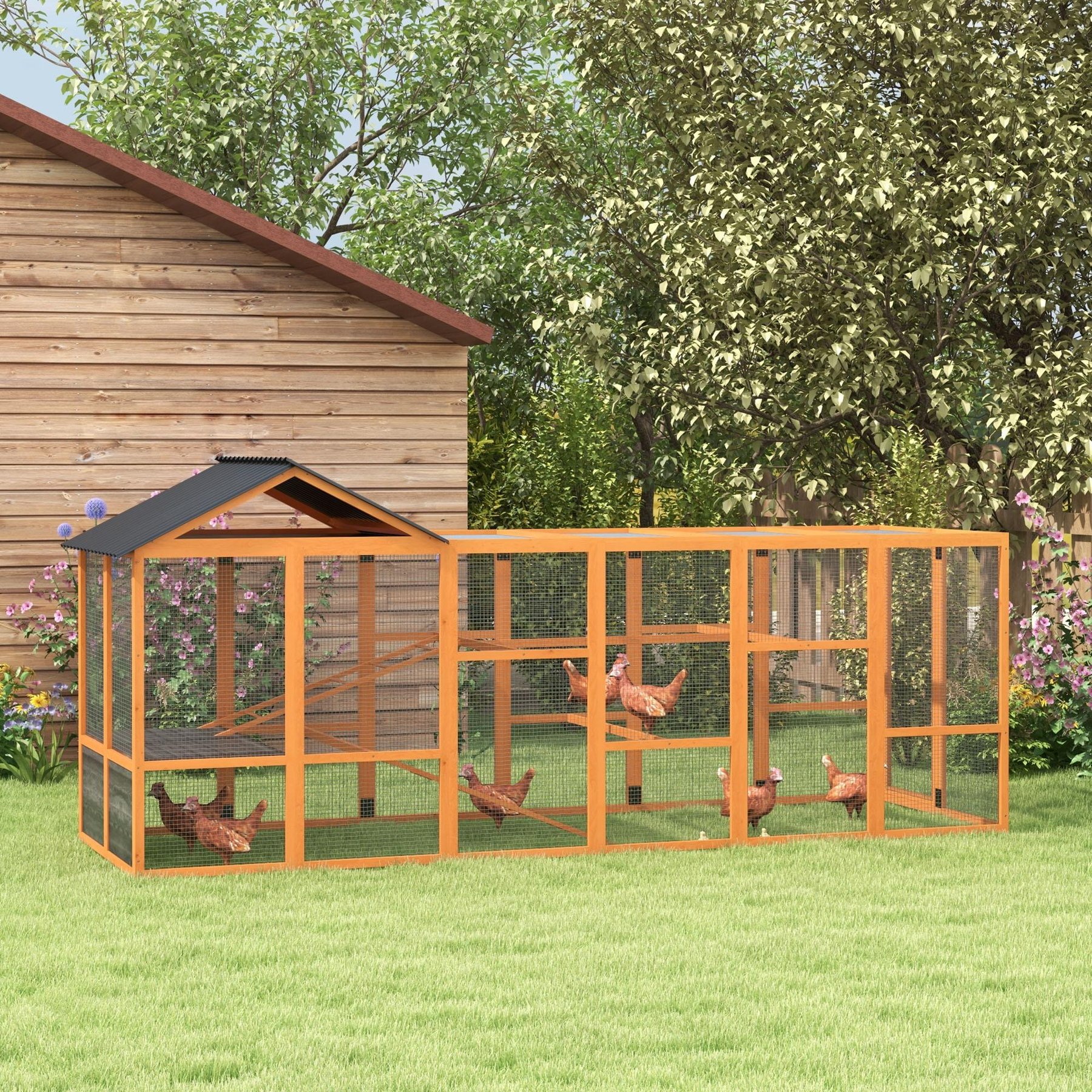 PawHut Add-On Run House Wooden with Storage & Preches for 6-10 Chickens Chicken Coop, Orange