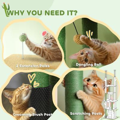 Show full view: PawHut Cactus 89 to 100-in Sisal Floor-to-Ceiling Cat Tree, Green slide 9 of 10