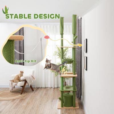 Show full view: PawHut Cactus 89 to 100-in Sisal Floor-to-Ceiling Cat Tree, Green slide 8 of 10