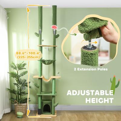 Show full view: PawHut Cactus 89 to 100-in Sisal Floor-to-Ceiling Cat Tree, Green slide 5 of 10