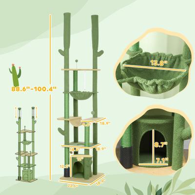 Show full view: PawHut Cactus 89 to 100-in Sisal Floor-to-Ceiling Cat Tree, Green slide 4 of 10