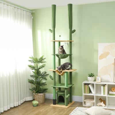 Show full view: PawHut Cactus 89 to 100-in Sisal Floor-to-Ceiling Cat Tree, Green slide 3 of 10