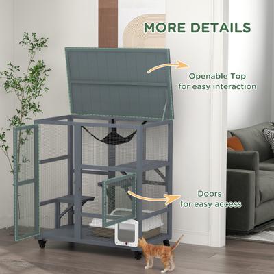 Show full view: PawHut Cat House on Wheels with Openable Top, Light Gray slide 7 of 10