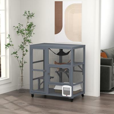 Show full view: PawHut Cat House on Wheels with Openable Top, Light Gray slide 2 of 10