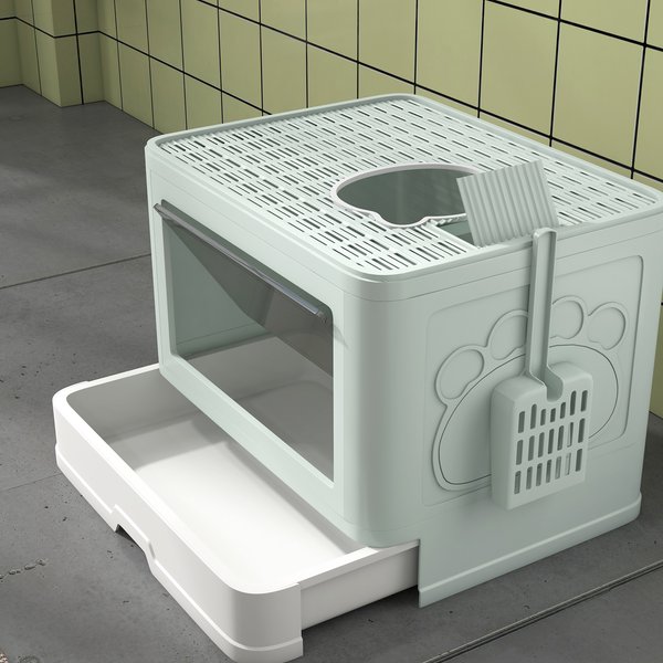 PawHut Cat Litter Box, Front Entry Top Exit Cat Litter Tray, Green, 19-in