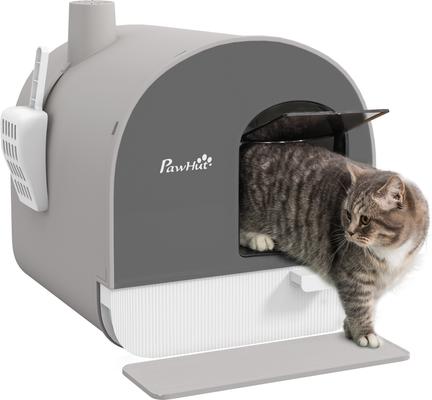 Show full view: PawHut Cat Litter Box with Lid, Scoop, & Filter, 17-in, Light Gray slide 1 of 11