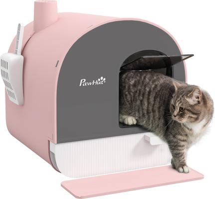 Show full view: PawHut Cat Litter Box with Lid, Scoop, & Filter, 17-in, Pink slide 1 of 10