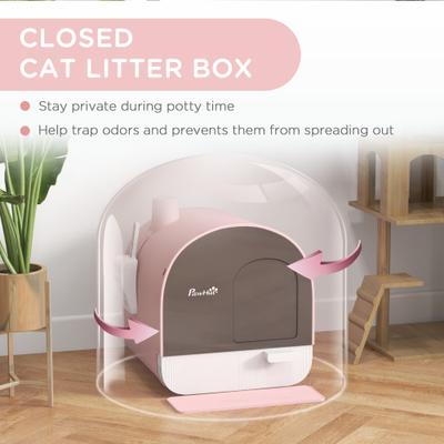 Show full view: PawHut Cat Litter Box with Lid, Scoop, & Filter, 17-in, Pink slide 5 of 10