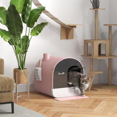 Show full view: PawHut Cat Litter Box with Lid, Scoop, & Filter, 17-in, Pink slide 2 of 10