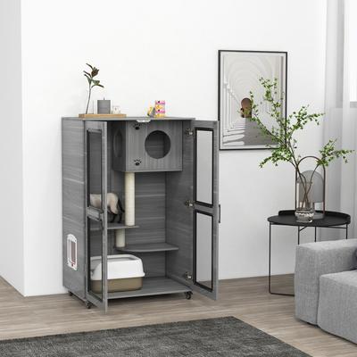 Show full view: PawHut Cat Tree with wheels, Gray slide 2 of 9