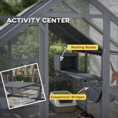 Show full view: PawHut Catio Outdoor Wooden Multi-Cat House, Gray slide 6 of 11