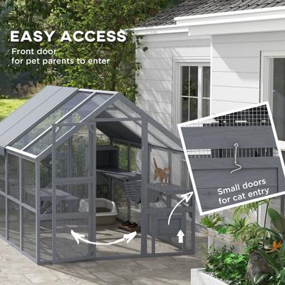 Show full view: PawHut Catio Outdoor Wooden Multi-Cat House, Gray slide 8 of 11