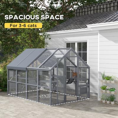 Show full view: PawHut Catio Outdoor Wooden Multi-Cat House, Gray slide 5 of 11