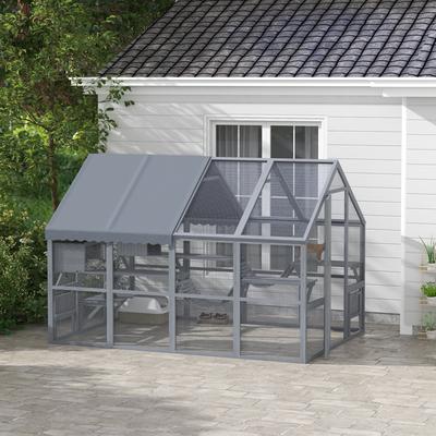Show full view: PawHut Catio Outdoor Wooden Multi-Cat House, Gray slide 3 of 11